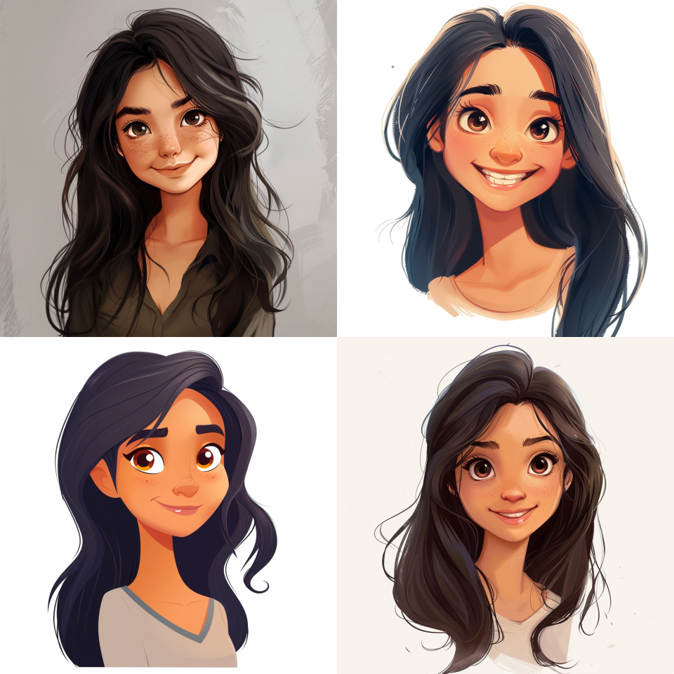 avatar of a young girl, with dark long hair, smiling, marketer , character design